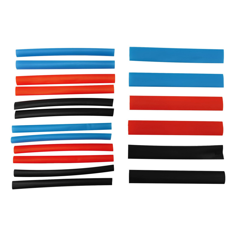 Lot de 18 gaines thermorétractables bleues rouges et noires 8cm 6x3,5mm + 6x5mm + 6x7mm
