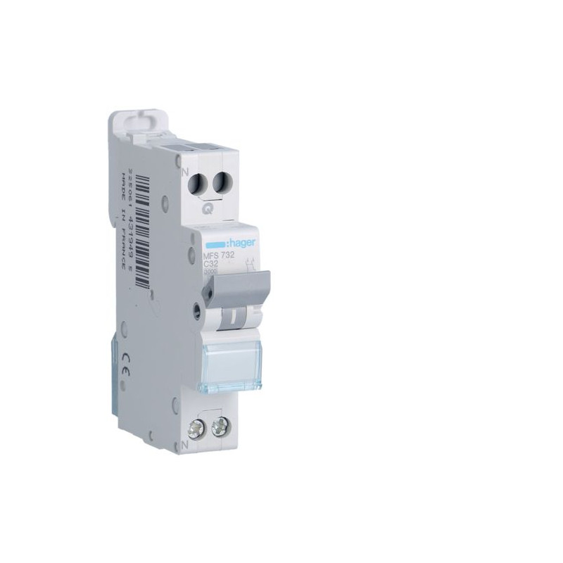 MFS732 Disjoncteur Hager 32A - 1P+N - 3kA - Courbe C - Bornes à vis/auto - SanVis - 1 module - MFS