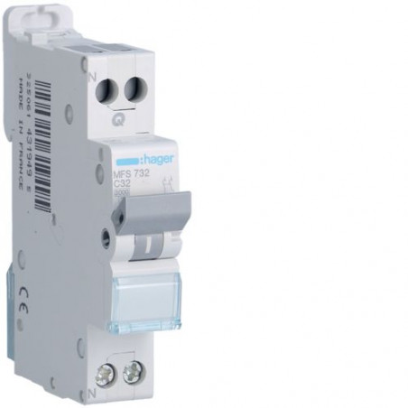 MFS732 Disjoncteur Hager 32A - 1P+N - 3kA - Courbe C - Bornes à vis/auto - SanVis - 1 module - MFS