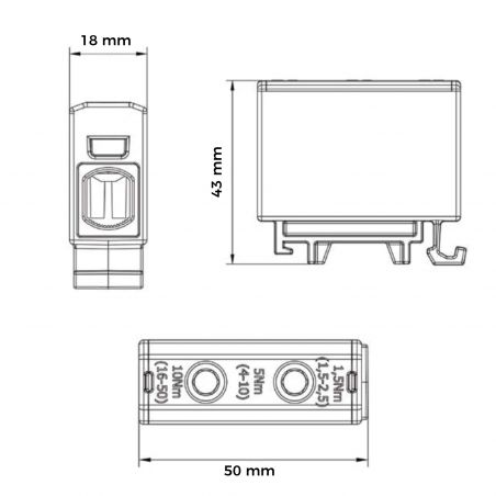 Connecteur alu cuivre vert jaune pour câble de section 1,5 à 50mm² - 1000V AC/DC - Fixation rail DIN