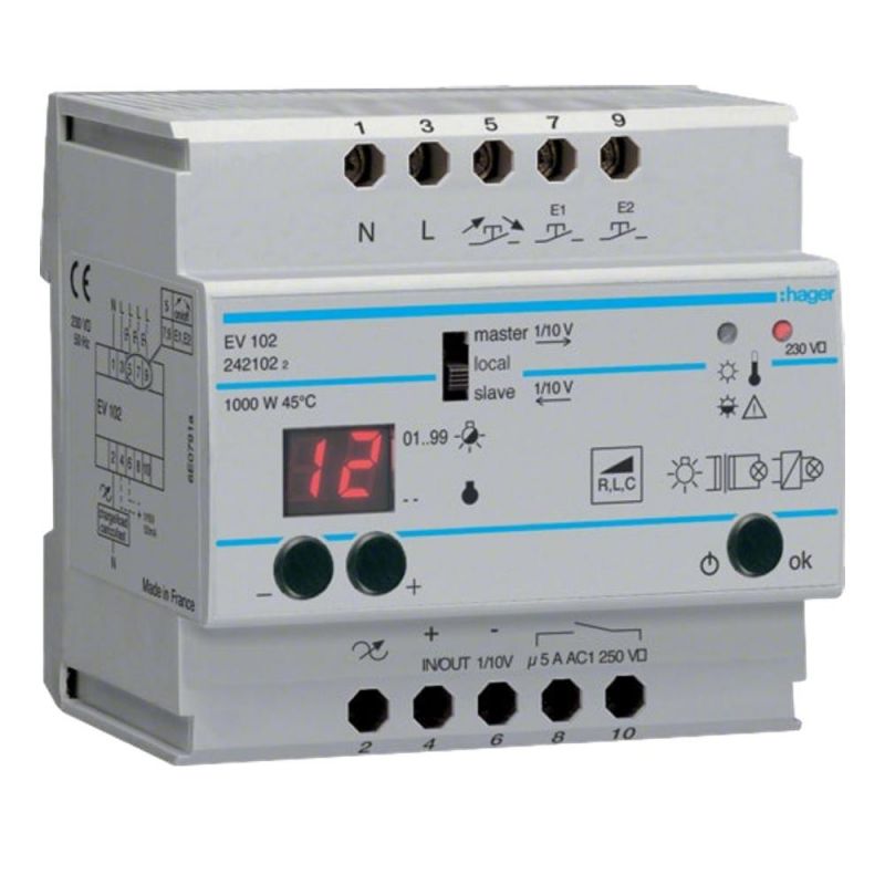 EV102 Hager - Télévariateur universel 1000W avec afficheur - Entrée/Sortie 0-10V - Modèle évolué Master/Slave