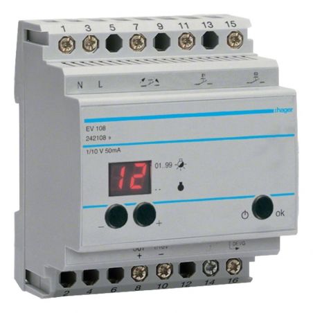 EV108 Hager - Télévariateur pilote 1-10 V avec afficheur - Version évoluée multiconsigne (scène ou forçage)