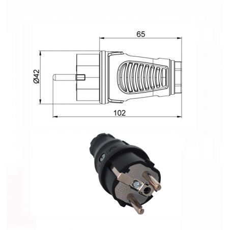 Fiche male caoutchouc brochage domestique français 220V 16A 2P+T - Étanche IP54