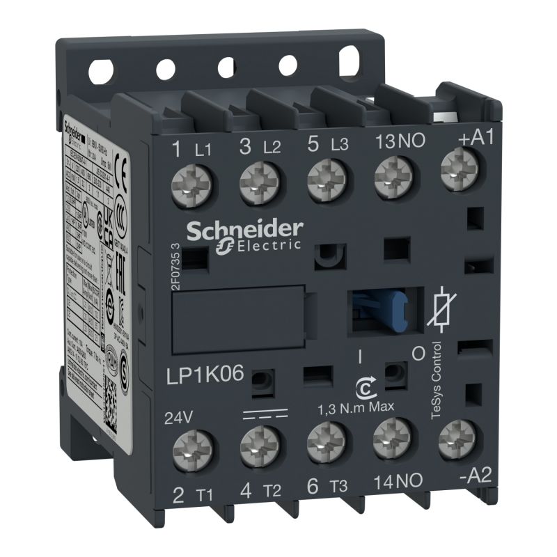 LP1K0601BD Schneider - Contacteur tripolaire - 3NO - 6A - Bobine 24Vcc - Vis