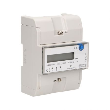 Compteur électrique triphasé 120A - 5 modules - Avec écran LCD rétro-éclairé