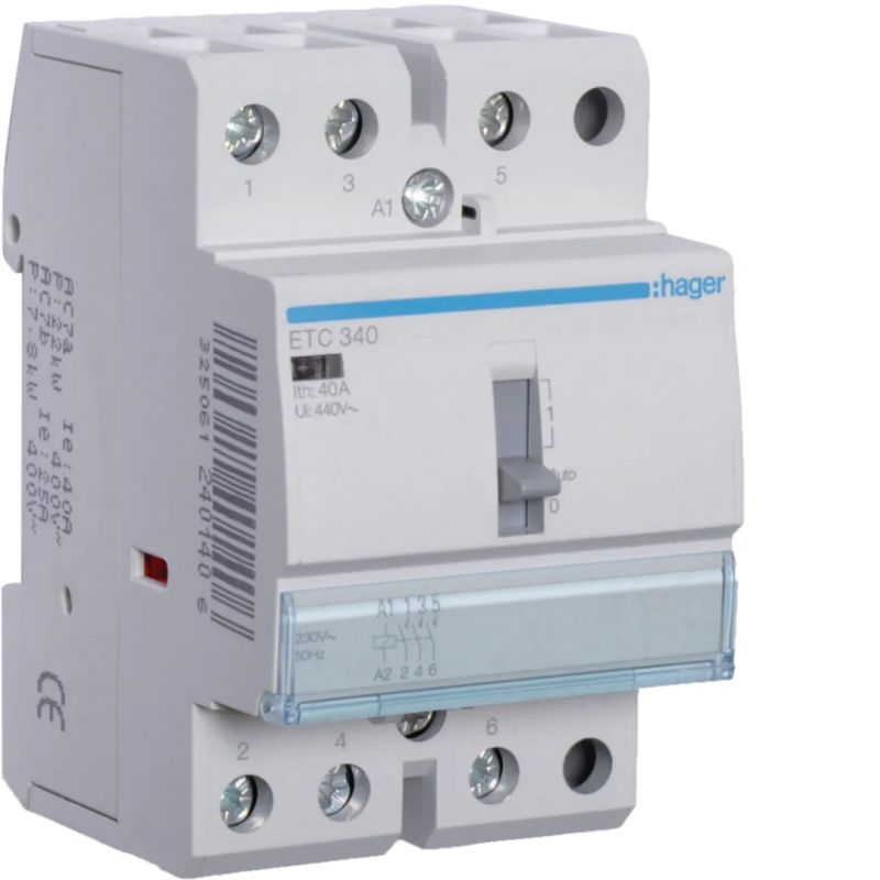 ETC340 Hager - Contacteur jour nuit triphasé 40A - 3NO- Bobine 230V - pour chauffe eau triphasé