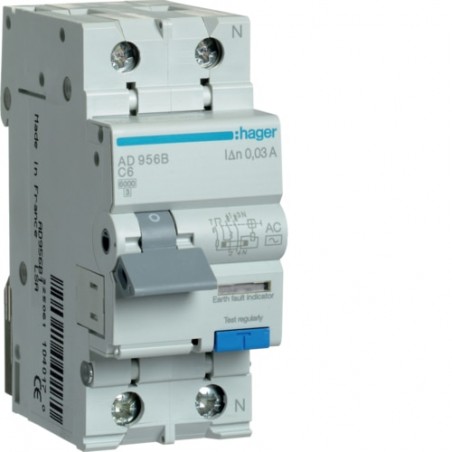 AD956B Disjoncteur différentiel Hager 1P+N 6A 30mA 6kA Type AC - Neutre à droite - auxiliarisable