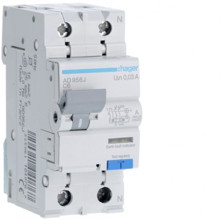 AD956J Disjoncteur différentiel Hager 1P+N 6A 30mA 6kA Type A - Neutre à droite - auxiliarisable