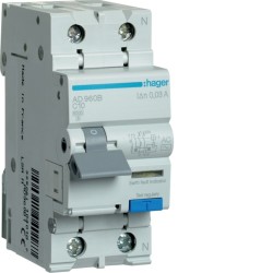 AD960B Disjoncteur différentiel Hager 1P+N 10A 30mA 6kA Type AC - Neutre à droite - auxiliarisable