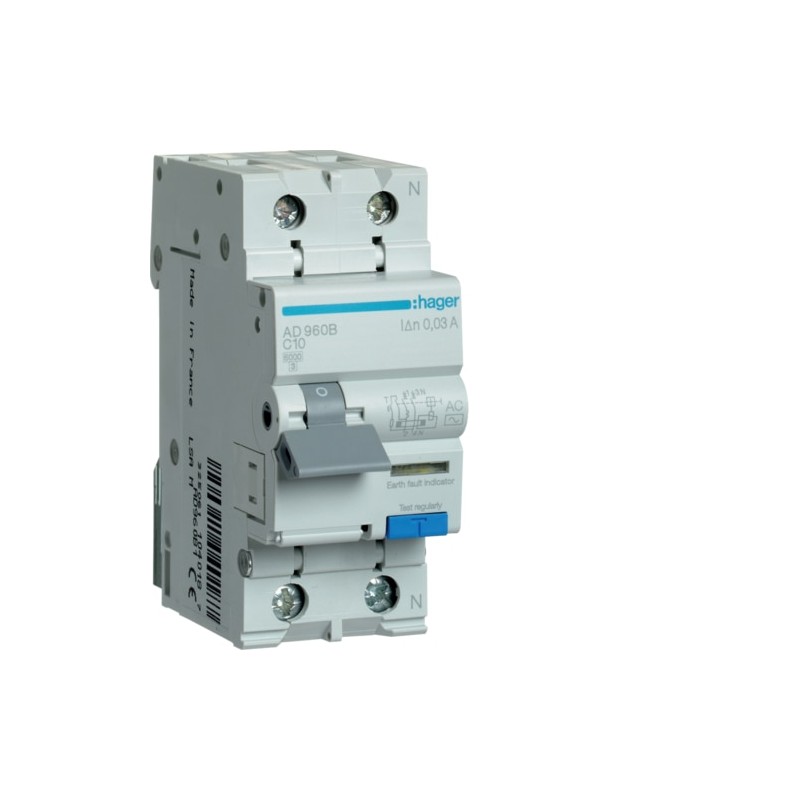 AD960B Disjoncteur différentiel Hager 1P+N 10A 30mA 6kA Type AC - Neutre à droite - auxiliarisable