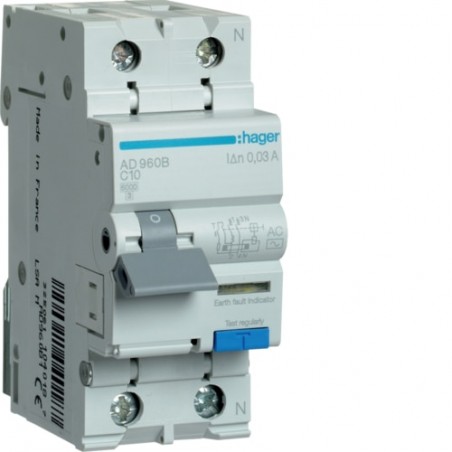 AD960B Disjoncteur différentiel Hager 1P+N 10A 30mA 6kA Type AC - Neutre à droite - auxiliarisable