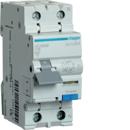 AD966B Disjoncteur différentiel Hager 1P+N 16A 30mA 6kA Type AC - Neutre à droite - auxiliarisable