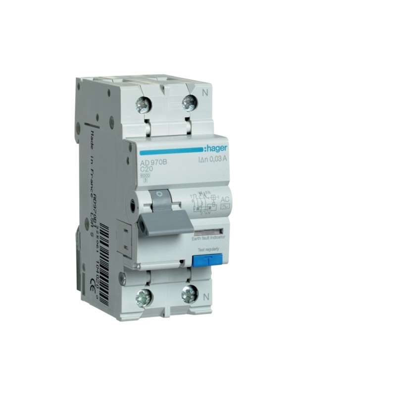 AD970B Disjoncteur différentiel Hager 1P+N 20A 30mA 6kA Type AC - Neutre à droite - auxiliarisable