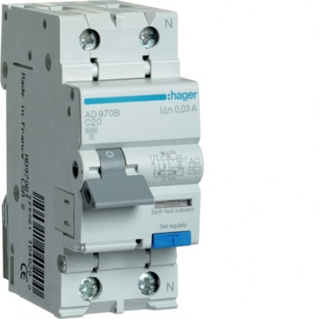 AD970B Disjoncteur différentiel Hager 1P+N 20A 30mA 6kA Type AC - Neutre à droite - auxiliarisable