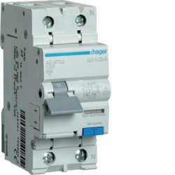 AD970J Disjoncteur différentiel Hager 1P+N 20A 30mA 6kA Type A - Neutre à droite - auxiliarisable
