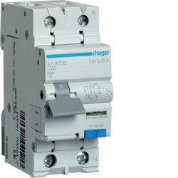 AD975B Disjoncteur différentiel Hager 1P+N 25A 30mA 6kA Type AC - Neutre à droite - auxiliarisable