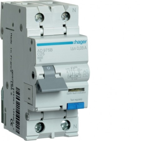 AD975B Disjoncteur différentiel Hager 1P+N 25A 30mA 6kA Type AC - Neutre à droite - auxiliarisable