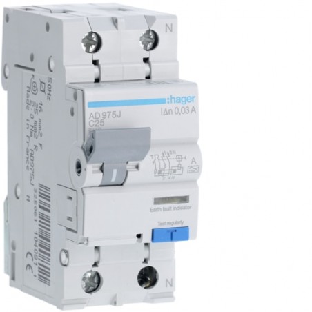 AD975J Disjoncteur différentiel Hager 1P+N 25A 30mA 6kA Type A - Neutre à droite - auxiliarisable