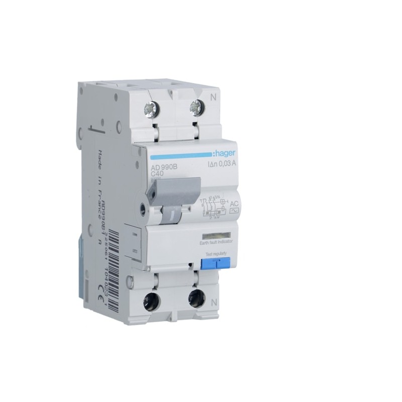 AD990B Disjoncteur différentiel Hager 1P+N 40A 30mA 6kA Type AC - Neutre à droite - auxiliarisable