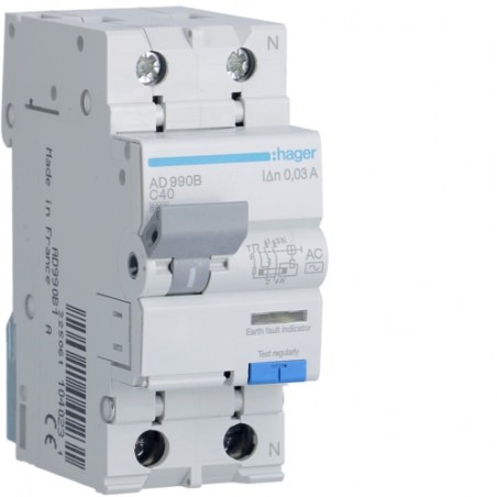 AD990B Disjoncteur différentiel Hager 1P+N 40A 30mA 6kA Type AC - Neutre à droite - auxiliarisable