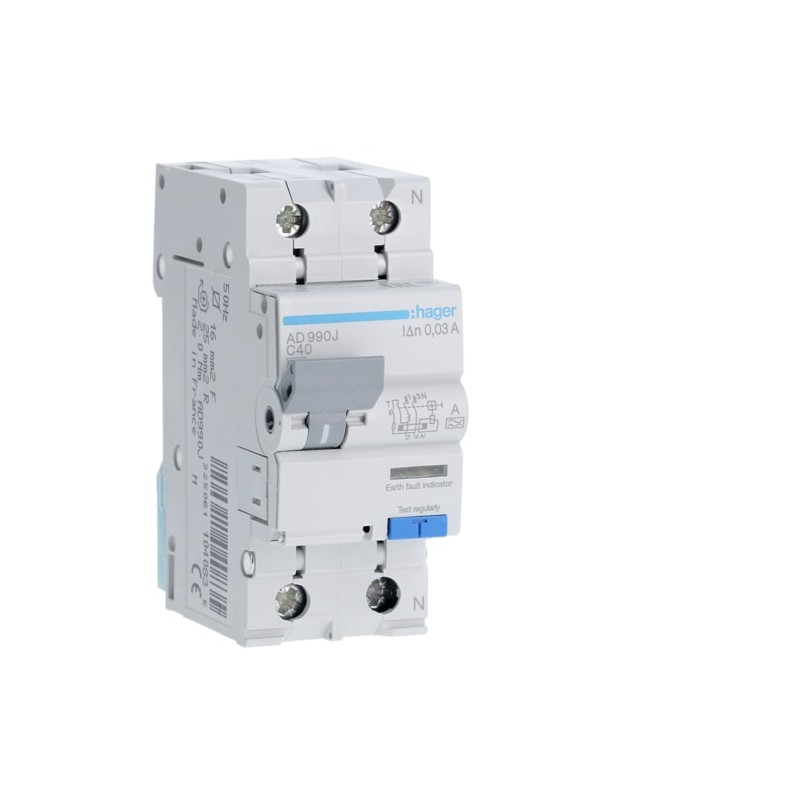 AD990J Disjoncteur différentiel Hager 1P+N 40A 30mA 6kA Type A - Neutre à droite - auxiliarisable
