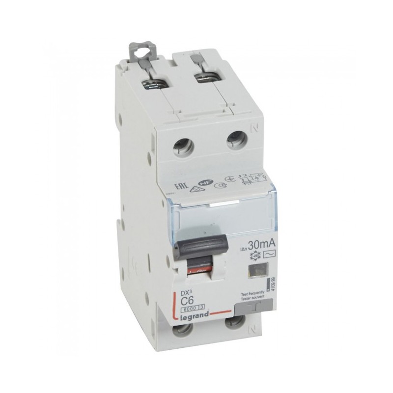 410999 Disjoncteur différentiel 6A - 30mA - Type AC - 1P+N - 2 Modules - neutre à droite - Auxiliarisable - Legrand