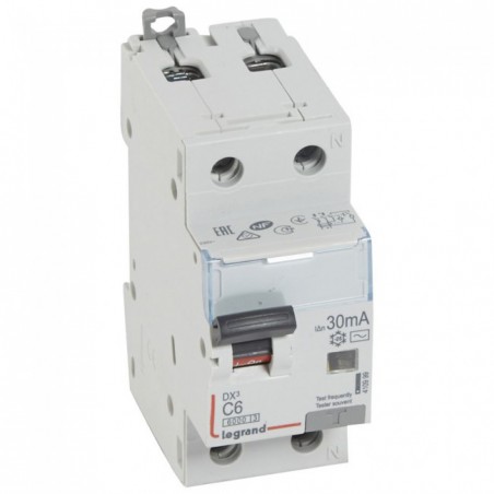 410999 Disjoncteur différentiel 6A - 30mA - Type AC - 1P+N - 2 Modules - neutre à droite - Auxiliarisable - Legrand