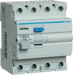 CD440J Hager - Interrupteur différentiel 4P 40A 30mA - Type A - Auxiliarisable - Entrée haute / Sortie Basse