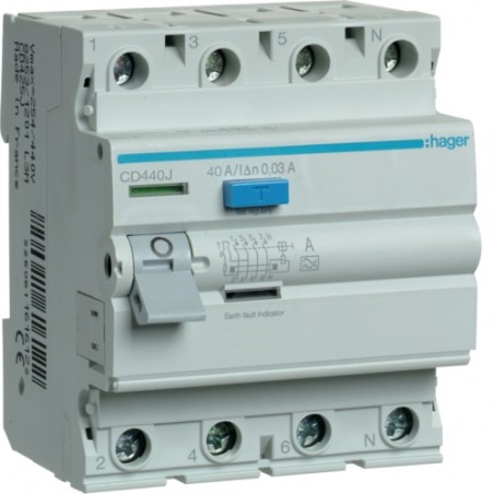 CD440J Hager - Interrupteur différentiel 4P 40A 30mA - Type A - Auxiliarisable - Entrée haute / Sortie Basse