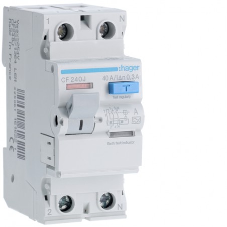 CF240J Hager - Interrupteur différentiel 2P 40A 300mA - Type A - Auxiliarisable - Entrée haute / Sortie Basse