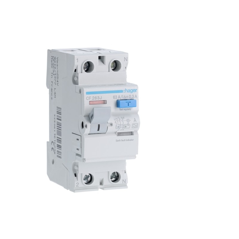 CF263J Hager - Interrupteur différentiel 2P 63A 300mA - Type A - Auxiliarisable - Entrée haute / Sortie Basse
