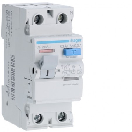 CF263J Hager - Interrupteur différentiel 2P 63A 300mA - Type A - Auxiliarisable - Entrée haute / Sortie Basse