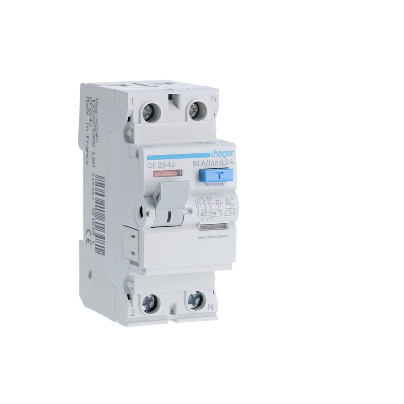 CF264J Hager - Interrupteur différentiel 2P 63A 300mA - Type AC - Auxiliarisable - Entrée haute / Sortie Basse