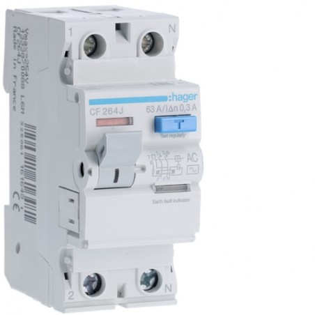 CF264J Hager - Interrupteur différentiel 2P 63A 300mA - Type AC - Auxiliarisable - Entrée haute / Sortie Basse