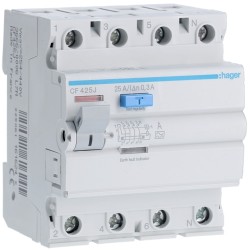 CF425J Hager - Interrupteur différentiel 4P 25A 300mA - Type A - Auxiliarisable - Entrée haute / Sortie Basse