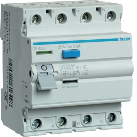 CF426J Hager - Interrupteur différentiel 4P 25A 300mA - Type AC - Auxiliarisable - Entrée haute / Sortie Basse