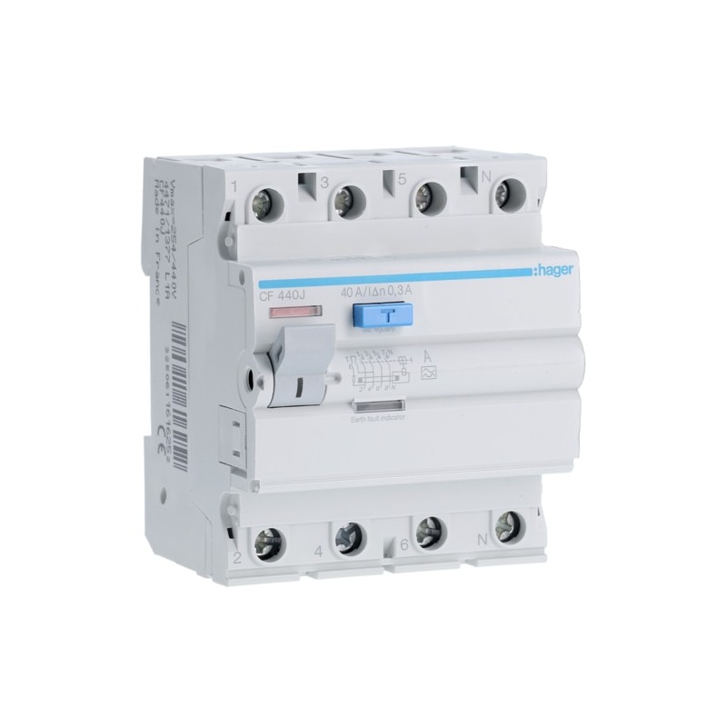 CF440J Hager - Interrupteur différentiel 4P 40A 300mA - Type A - Auxiliarisable - Entrée haute / Sortie Basse