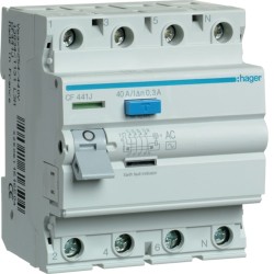 CF441J Hager - Interrupteur différentiel 4P 40A 300mA - Type AC - Auxiliarisable - Entrée haute / Sortie Basse