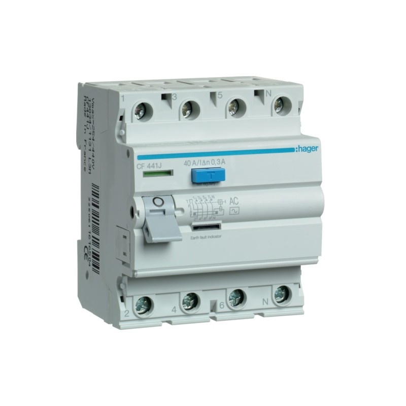 CF441J Hager - Interrupteur différentiel 4P 40A 300mA - Type AC - Auxiliarisable - Entrée haute / Sortie Basse