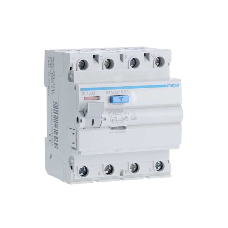 CF463J Hager - Interrupteur différentiel 4P 63A 300mA - Type A - Auxiliarisable - Entrée haute / Sortie Basse