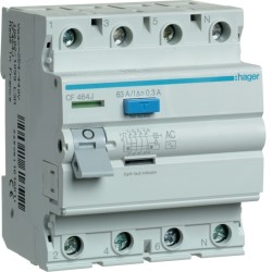 CF464J Hager - Interrupteur différentiel 4P 63A 300mA - Type AC - Auxiliarisable - Entrée haute / Sortie Basse