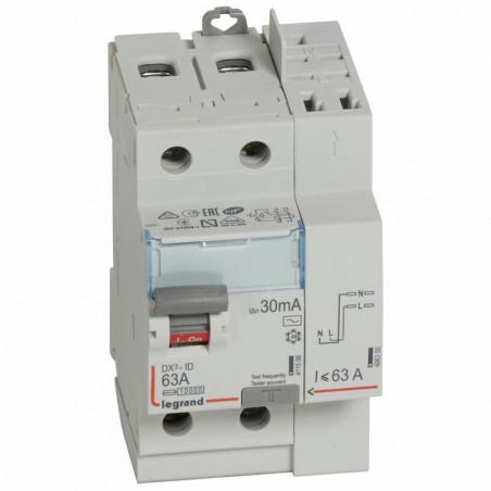 411633 Interrupteur différentiel DX3 2P 63A type AC 30mA arrivée haute + départ haut - 3 modules - Legrand