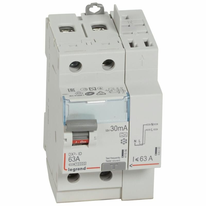 411639 Interrupteur différentiel DX3 2P 63A type A 30mA arrivée haute + départ haut - 3 modules - Legrand