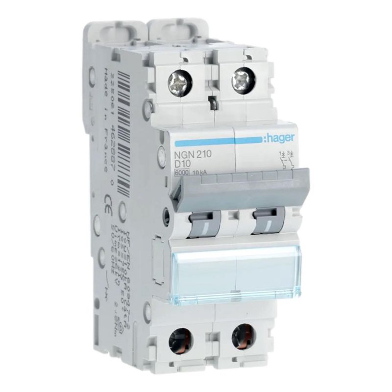 NGN210 Hager - Disjoncteur 2P courbe D - 10A - 6-10kA - NGN - Bornes alignées à vis - 2 modules