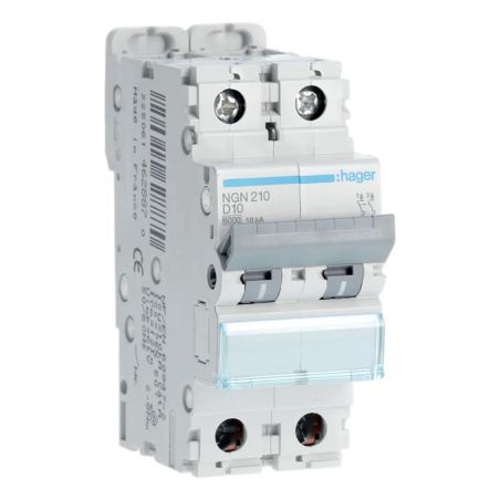NGN210 Hager - Disjoncteur 2P courbe D - 10A - 6-10kA - NGN - Bornes alignées à vis - 2 modules