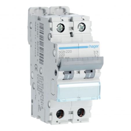 NGN200 Hager - Disjoncteur 2P courbe D - 0,5A - 6-10kA - NGN - Bornes alignées à vis - 2 modules