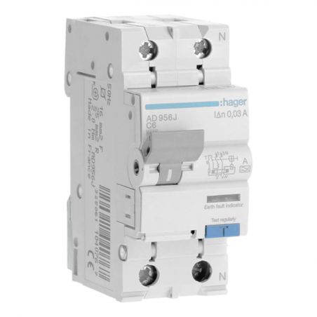 AD956J Disjoncteur différentiel Hager 1P+N 6A 30mA 6kA Type A - Neutre à droite - auxiliarisable
