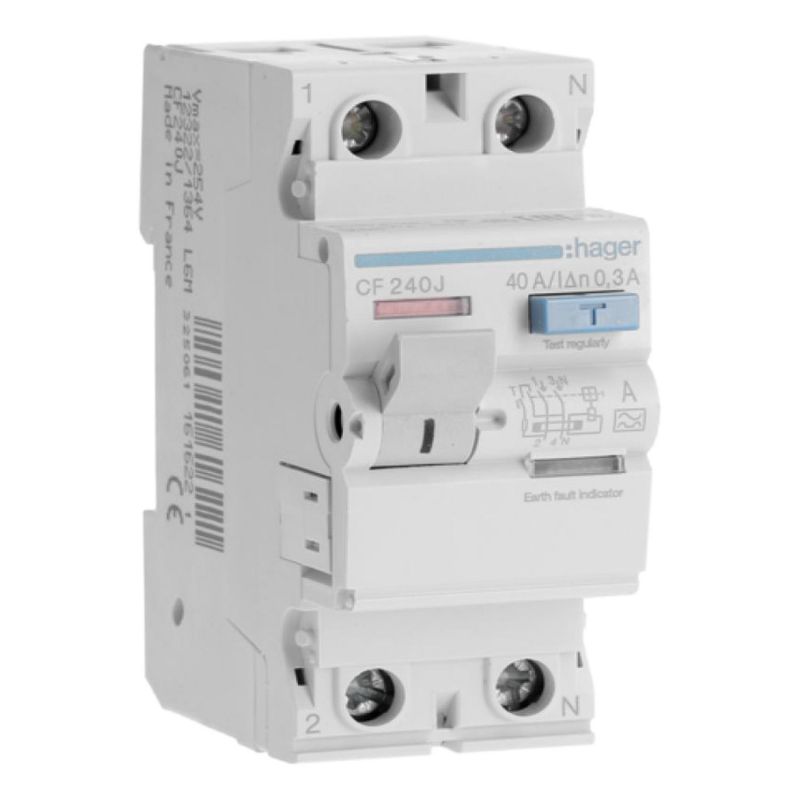 CF240J Hager - Interrupteur différentiel 2P 40A 300mA - Type A - Auxiliarisable - Entrée haute / Sortie Basse