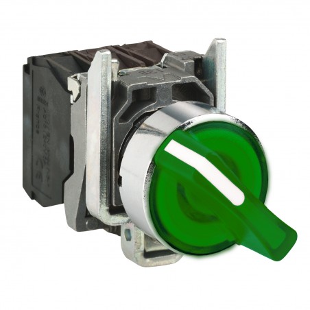XB4BK123B5 Schneider bouton tournant lumineux Ø22 - 2 pos. fixes - vert - 1NF+1NO 24V - Harmony XB4