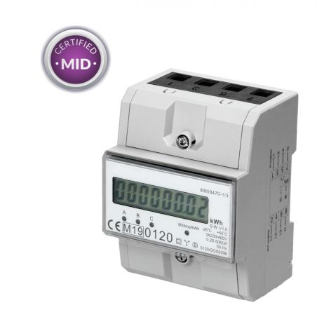 Compteur électrique triphasé - 80A certifié MID avec affichage digital et sortie impulsionnelle